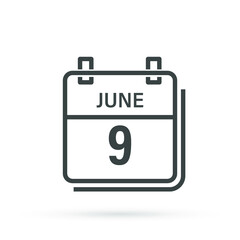 Calendar icon with shadow. June 9, Day, month. Flat vector illustration.
