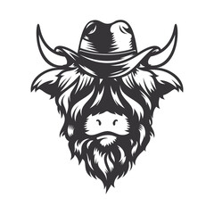 Highland cow wild west head design with cowboy hat. Farm Animal. Cows logos or icons. vector illustration. - obrazy, fototapety, plakaty