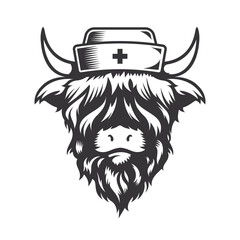 Highland cow nurse head design with nurse hat. Farm Animal. Cows logos or icons. vector illustration.