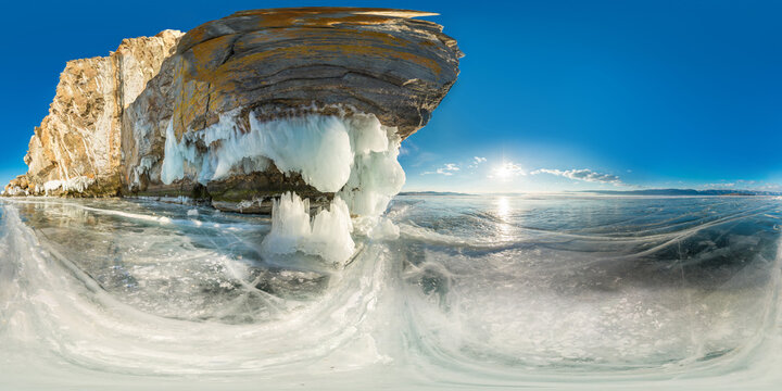 panorama 360 degree Rock on Olkhon Island on Lake Baikal ice covered