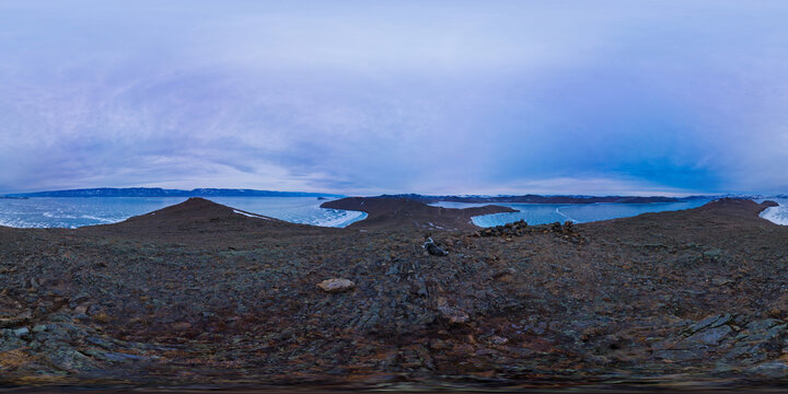 360vr spherical panorama dawn on Olkhon Island, Cape mare's head.