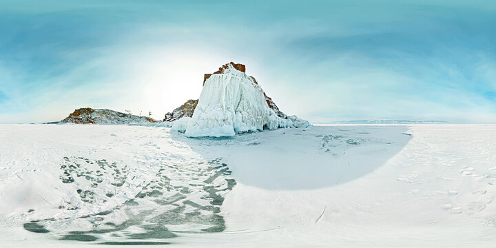 Shaman Rock on Olkhon Island in winter, Lake Baikal. Panorama 360 180 degree.