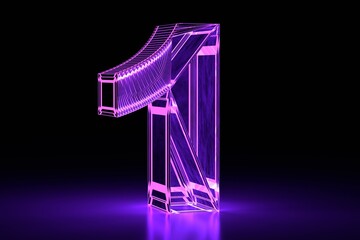 Neon glowing volumetric 3D number one. Purple. Digital design. 3D render.