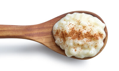 wooden spoon of rice pudding