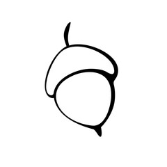 Vector simple hand drawn illustration of a acorn isolated on white background, black outline. Nature, forest clip art, black and white Doodle.