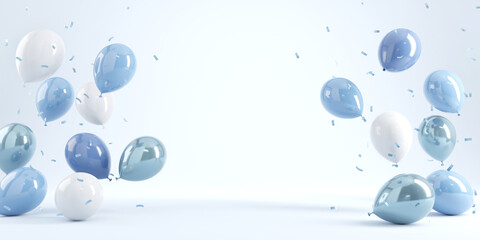 Pastel balloons on blue background. 3d rendering, Birthday party, Father’s Day, New year background, Copy space.