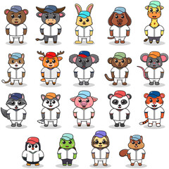 Vector Illustration of Cute Animal with Baseball costume. Set of cute Animal characters.