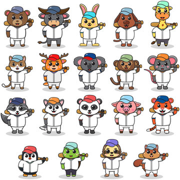Vector Illustration of Cute Animal with Baseball costume holding baseball bat. Set of cute Animal characters.