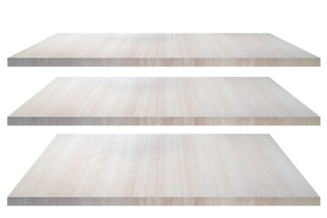 collection of brown wooden shelves on a white background that separates the objects