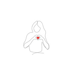 One continuous line.Beautiful woman holding a heart in her hands.  Girl with a heart symbol of love. Continuous line drawing.Lineart isolated white background.