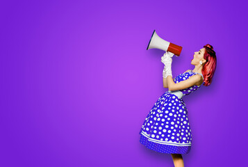 Red purple haired woman holding red megaphone, shout advertising something. Girl in blue pin up...