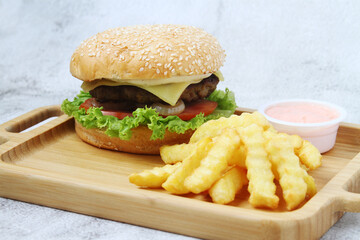 Freshly cooked Hamburger sandwich and fries