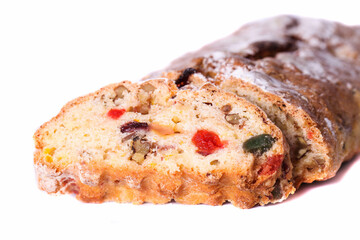 Cut stollen with candied fruits