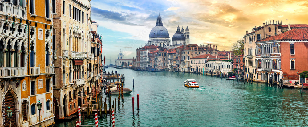 Wall mural beautiful romantic venice town over sunset. view of grand canal from academy' bridge. italy travel a