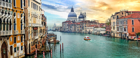 Beautiful  romantic Venice town over sunset. View of Grand canal from Academy' bridge. Italy travel...