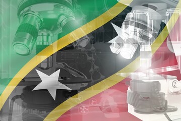Microscope on Saint Kitts and Nevis flag - science development conceptual background. Research in physics or chemistry, 3D illustration of object