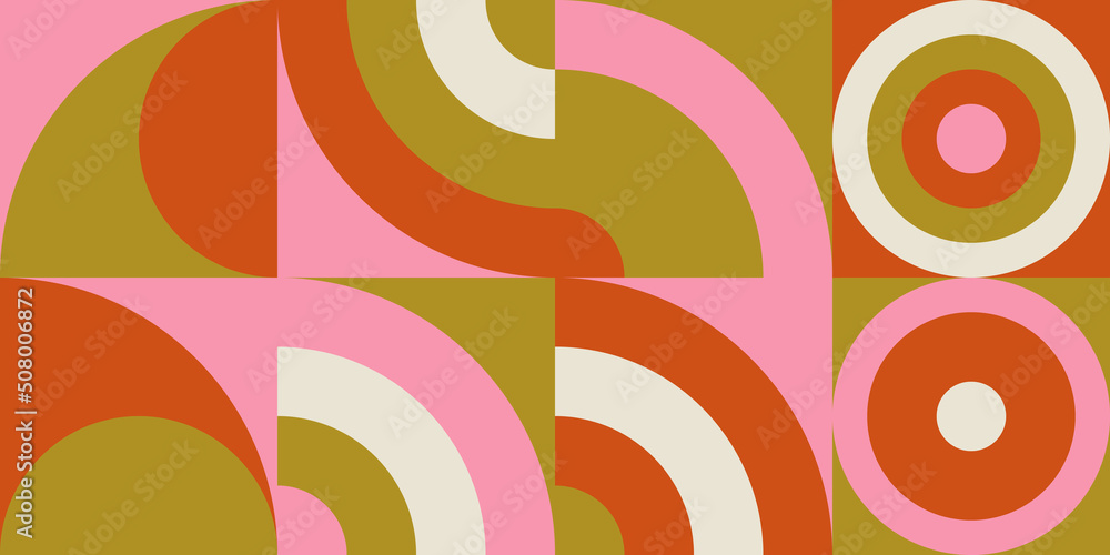 Leinwandbilder Modern vector abstract  geometric background with circles, rectangles and squares  in retro scandinavian style. Pastel colored simple shapes graphic pattern. Abstract mosaic artwork.