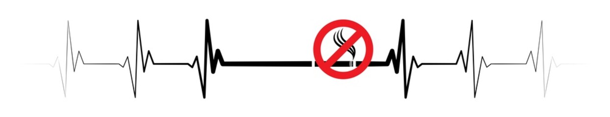 Quit smoking sign concept with ekg ecg heartbeat design. Smoking causes heart disease vector illustration with cigarette and heartbeat monitor design.
