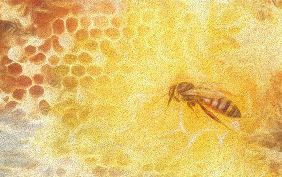 Bee honeycombs with honey and bees. Apiculture. Painting effect.