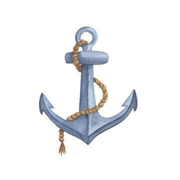 Watercolor vintage classic anchor with rope isolated on a white background. Hand drawn marine illustration