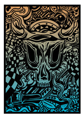 doodle skulls. vector illustration of bull skull and ornament. automotive doodle skulls concept. suitable to print on t-shirt, wall art and any merchandise 