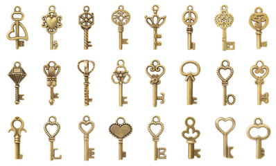 Set of 24 vintage keys isolated on white background