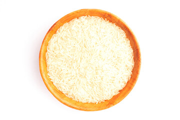 Long Basmati rice in bamboo bowl on white background isolated. Macro. Flat lay. Vegetarian food concept