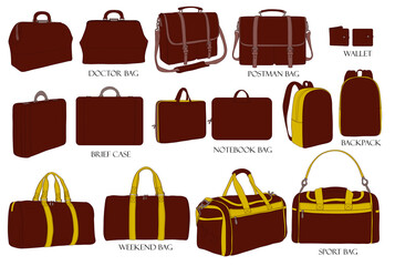 Types of bags for men. Color set illustration. Doctor bag, postman bag, backpack, weekend, wallet, brief case, sport bag, notebook bag. Collection of luxury modern accessories.