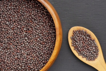 Spice Mustard seeds (Brassica juncea) in wooden bowl and spoon on black wooden background. Macro. Ingredients for cooking concept