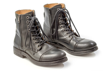 High black man's leather boots. Isolated on a white background with clipping path included