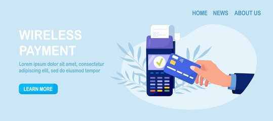 Contactless payment. Human hand holding credit or debit card close to the POS terminal to pay. Transaction by NFC technology. Vector design - obrazy, fototapety, plakaty