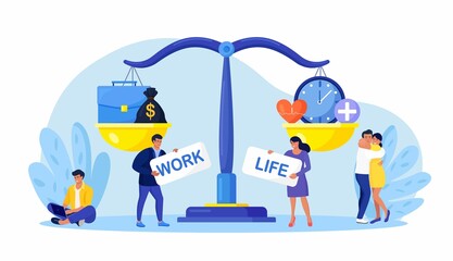 Life and work balance on scales. People keep harmony choose between career and money versus health and time, leisure or business. Comparison stress and healthy life, family, love versus job. Vector 