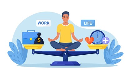 Life and work balance on scales. Man keep harmony choose between career and money versus health and time, leisure or business. Comparison stress and healthy life, family, love versus job. Vector