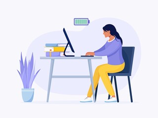 Energetic business woman working at table with computer. Fully charged active girl. Mentally healthy employee. Battery Full of energy. Professional productivity, motivation and enthusiasm. Vector 