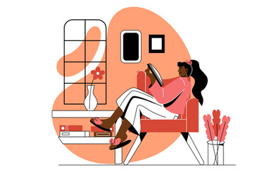 People stay at home. Girl lies on armchair with book in hands. Inquisitive character, love of reading and useful hobby. Student doing homework and preparing for test. Cartoon flat vector illustration