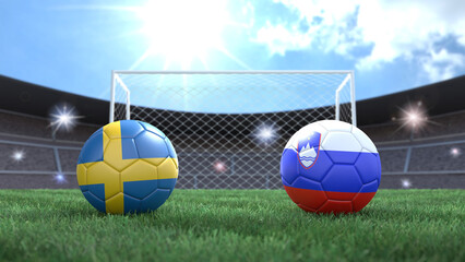 Two soccer balls in flags colors on stadium blurred background. Sweden and Slovenia. 3d image