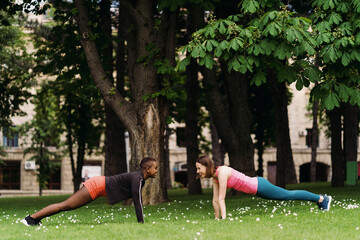 Obraz na płótnie Canvas Two smiling diverse young woman in Athletic Workout Clothes are Doing a Plank Exercise working out together in park on grass.