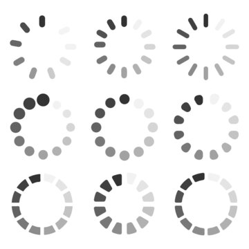 Loading icon set. Set of loading wheel vector icons isolated on white background. Flat style user interface icon for loading progress.