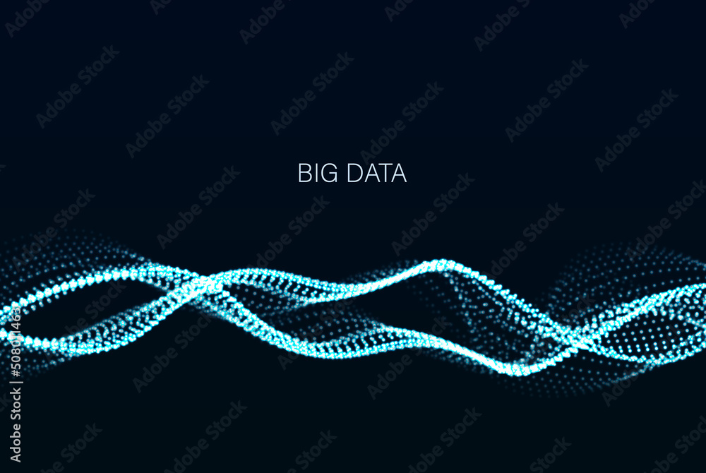 Poster dynamic wave on abstract dark background. futuristic dotted stream of glowing dots.big data.