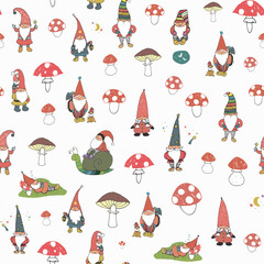 gnomes with houses and forest mushrooms vector seamless pattern