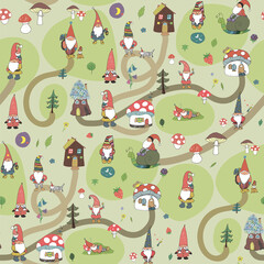 gnomes with houses and forest mushrooms vector seamless pattern