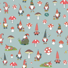 gnomes with houses and forest mushrooms vector seamless pattern