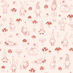 gnomes with houses and forest mushrooms vector seamless line pattern