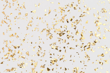 Golden confetti on white background, falling gold foil, festive backdrop for party.