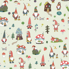 gnomes with houses and forest mushrooms vector seamless pattern