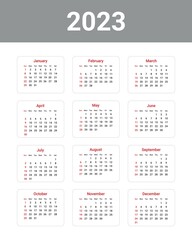 2023 year Calendar template. week start Sunday. Planner diary in a minimalism style. Corporate and business calendar. Organizer. Monthly calendar. Daily planner.