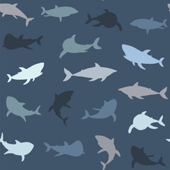 Sharks vector silhouette seamless pattern
