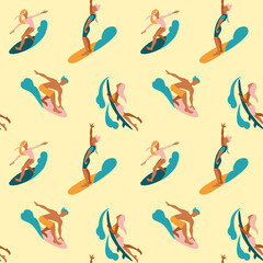 Surfers in the ocean. Summer print. Seamless pattern.