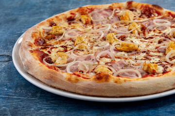 tasty italian pizza on wooden background