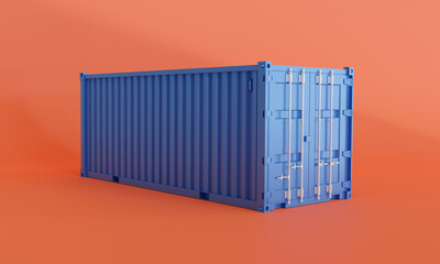 3d illustration ,blue cargo container, red background, 3d rendering.